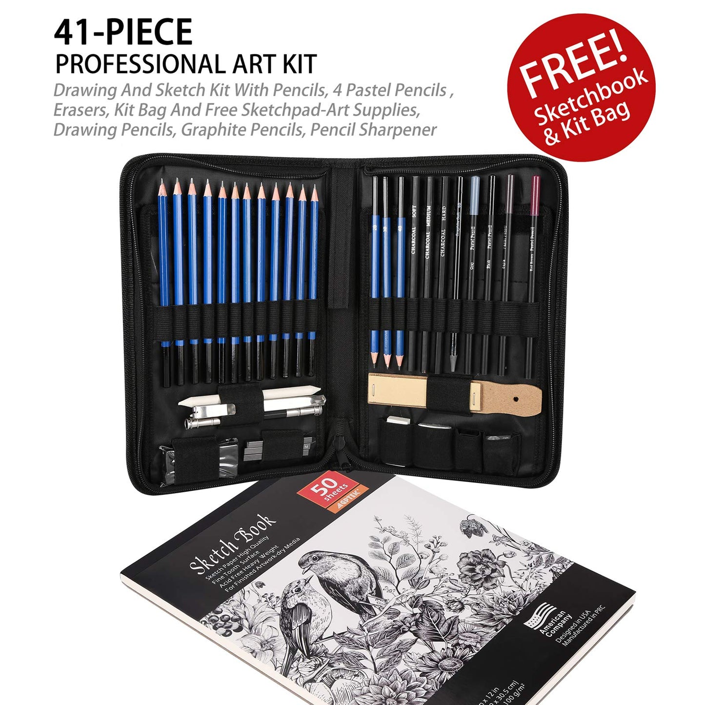 AGPTEK 41pcs Drawing Set - Pencils Sketching Set with 50 sheets Drawing Pad, 5H-8B artist set in Zipper Case, Drawing Accessories Set for Artists, Beginners, Students