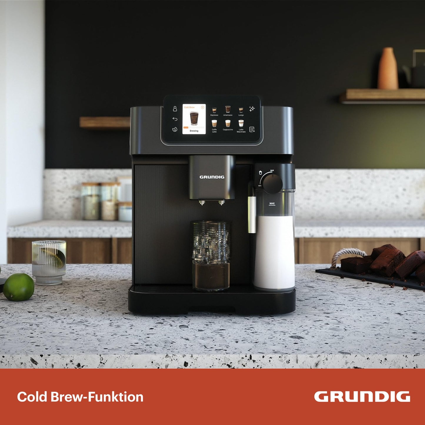 Grundig KVA 8230 fully automatic coffee machine, 18 coffee specialties, 13 grind settings, milk container, powerful 1350 W, 19 bar pump pressure, dual nozzle, lighting, black/dark silver.