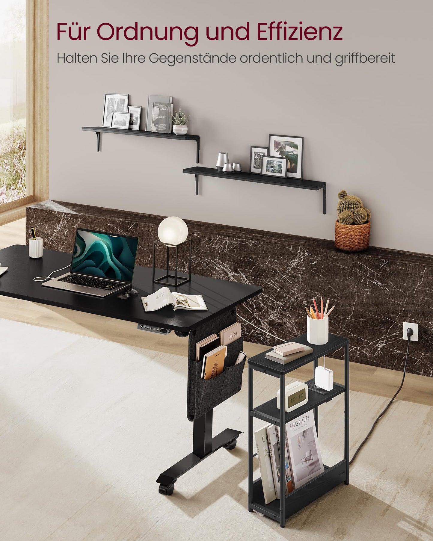 VASAGLE Narrow Side Table, Nightstand with Charging Function, Small Coffee Table, 3 Shelves, Magazine Holder, for Living Room, Bedroom, Home Office, Ebony Black-Ink Black LET335B02