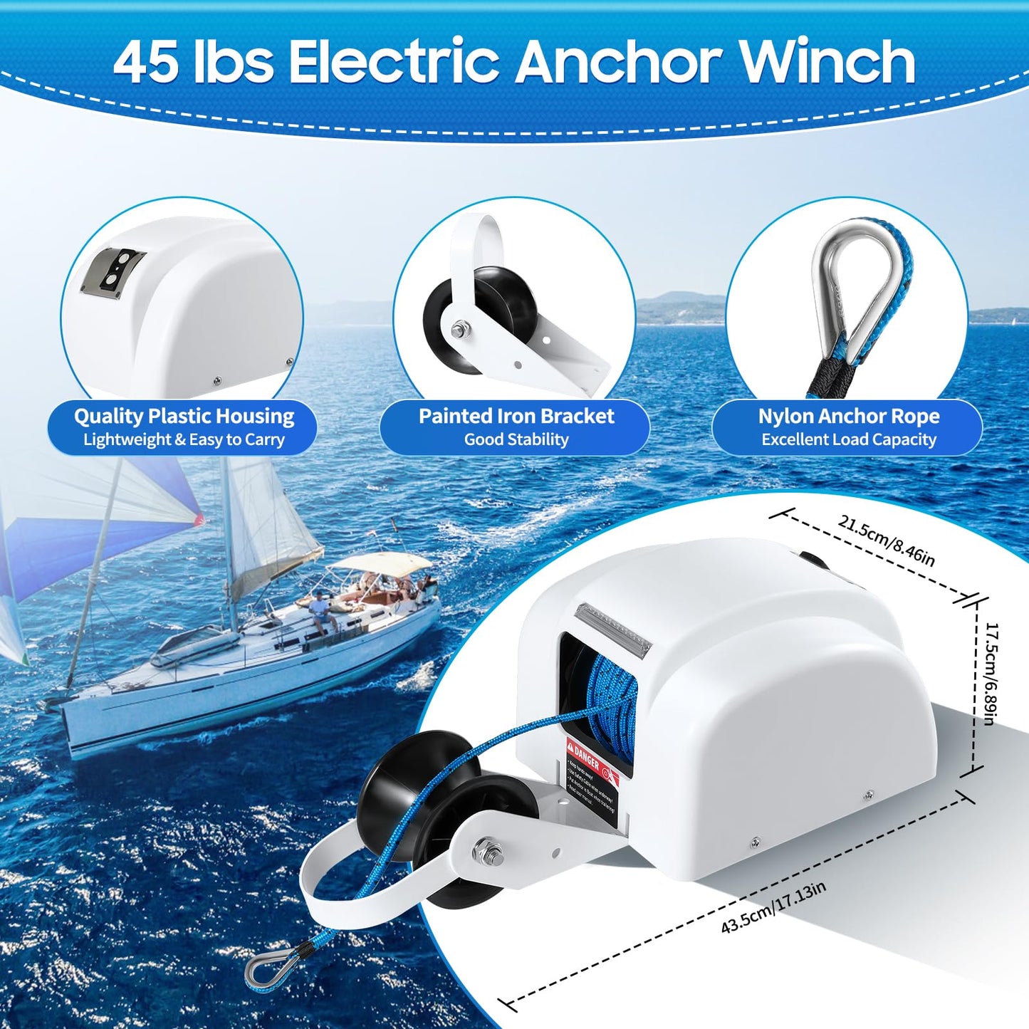 LENJKYYO 45LBS 12V Electric Anchor Winch with Wireless Remote Control Marine Anchor Winch Saltwater Boat Electric Anchor Windlass Anchor Winch for Anchors up to 45LBS