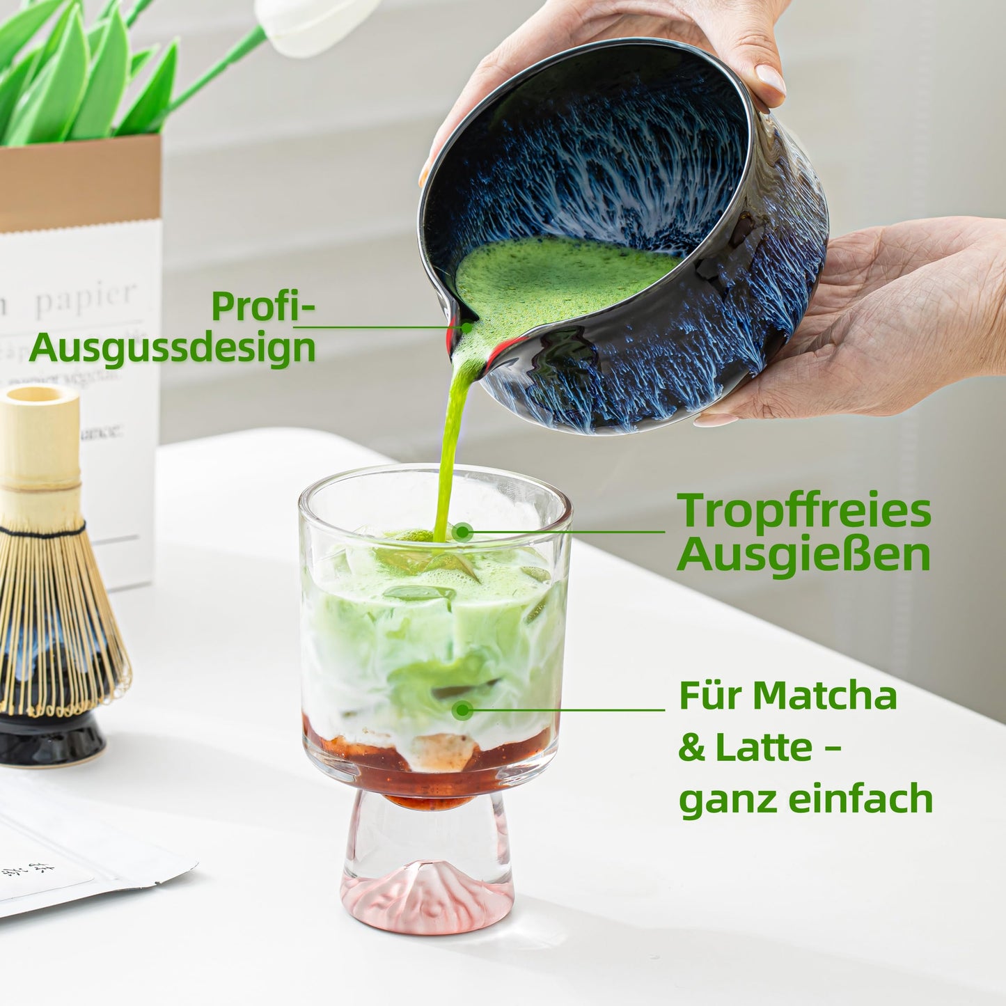 TEANAGOO Matcha Set, Matcha Whisk, Matcha Bowl with Spout (Chawan), Junware-Blue, Matcha Tea Set for Breakfast/Latte, Gift for Matcha Lovers, Matcha Whisk and Bowl with all accessories.
