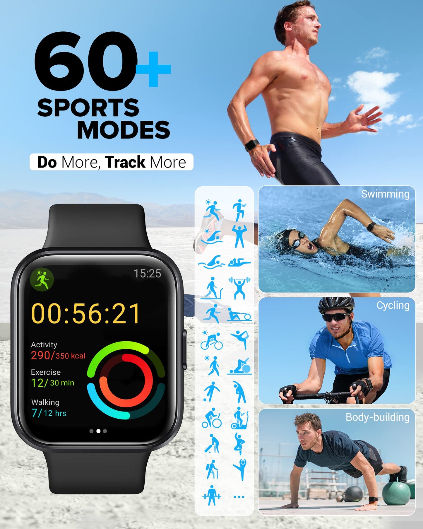 Men's Women's Smartwatch, Smartwatch with phone function, 1.7" touchscreen pedometer watch with Alexa, 60+ sports modes, heart rate monitor, sleep monitor SpO2, WhatsApp reminder, IP68 waterproof fitness tracker.