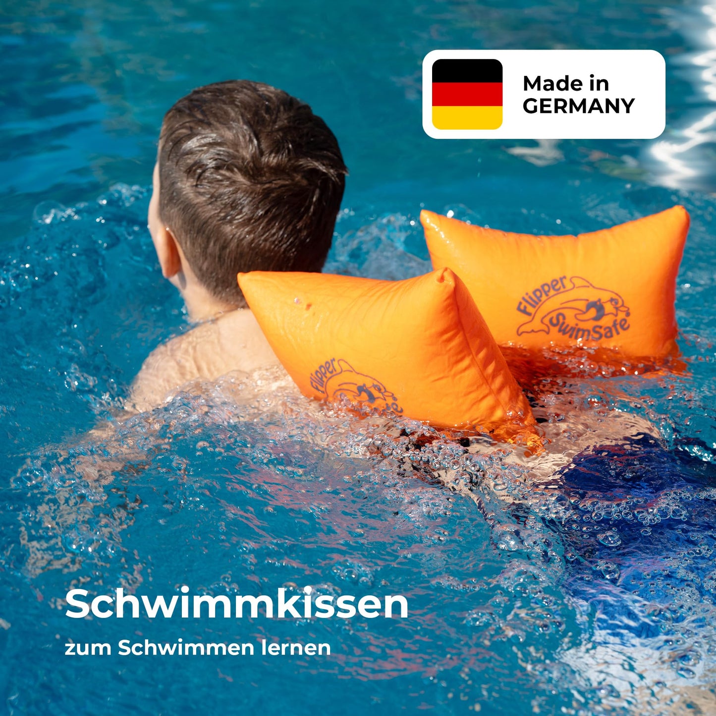 Flipper SwimSafe 1080 - Swim pillow for toddlers made of cotton, safe swimming aid with adjustable rubber band for learning to swim.