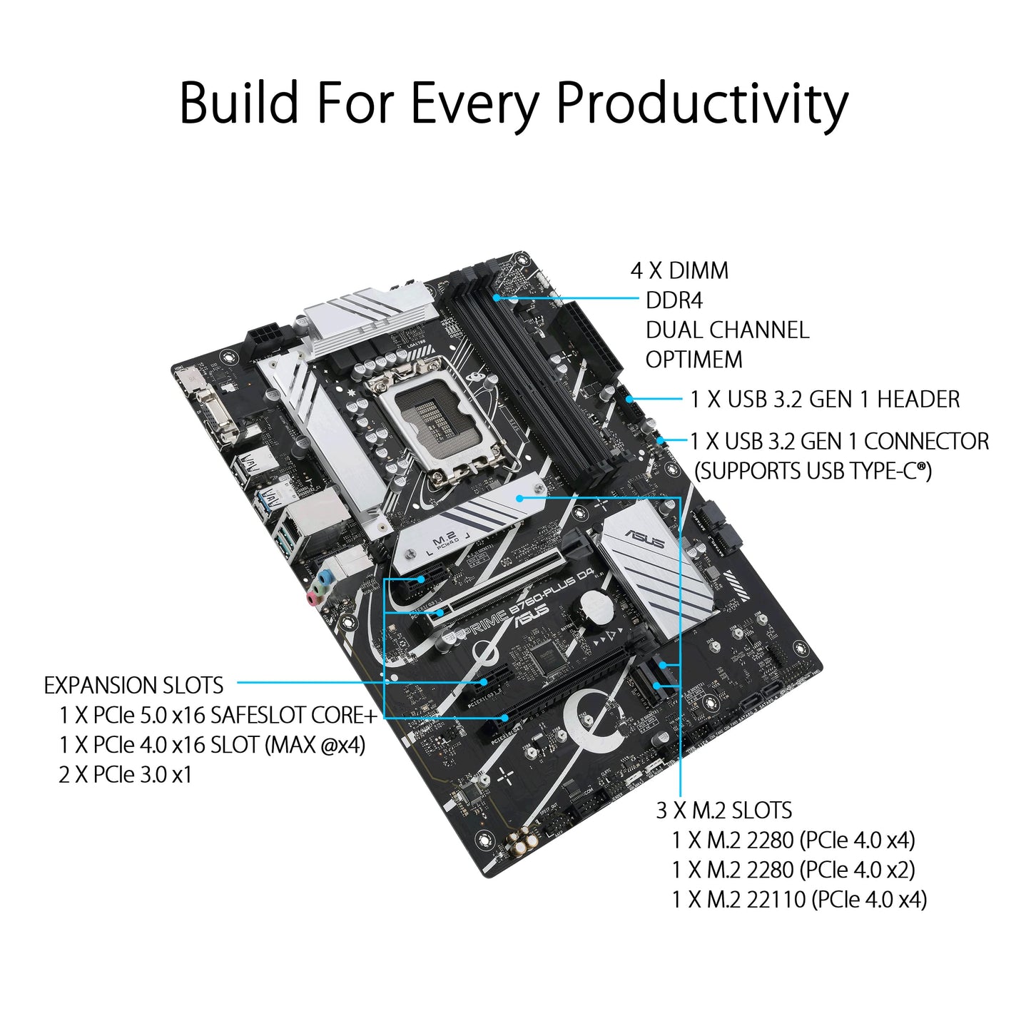 ASUS PRIME B760-PLUS D4 Gaming Motherboard Socket Intel LGA 1700 (Intel B760, ATX, DDR4 Memory, PCIe 5.0, 3x PCIe 4.0 M.2, Thunderbolt 4, Aura Sync)