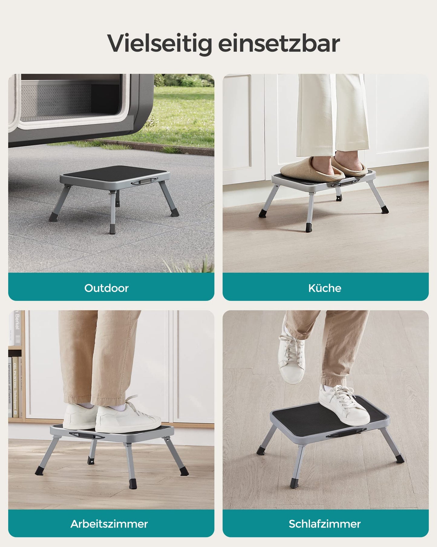 SONGMICS Step Stool, Folding Step Ladder, One-Step Steel Ladder, Non-Slip Step Surface, Holds up to 150 kg, Size unfolded 32 x 44 x 17.5 cm, gray GSL001G01