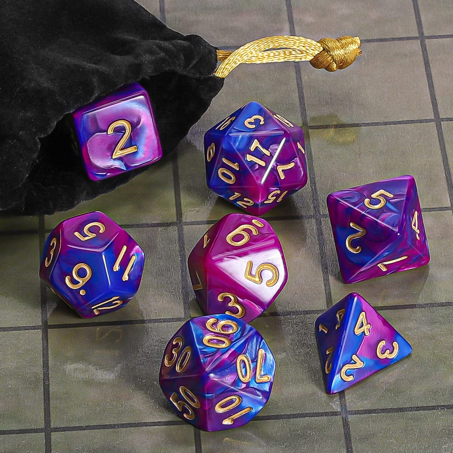 iFergoo Polyhedral Dice Set, 6 x 7 (42 Pieces) Color Game Dice with 6 Black Drawstring Bags for Dungeons and Dragons DND RPG MTG Tabletop Games, 6 Sets of D4 D6 D8 D10 D% D12 D20