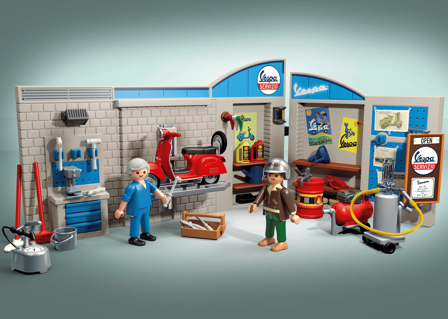 PLAYMOBIL Cars 71620 60s Vespa Garage, including movable lift, with various accessories for an authentic workshop, for vehicle enthusiasts of all ages.