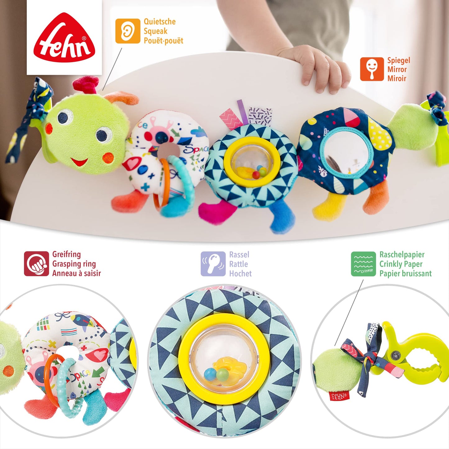 Fehn stroller chain baby mobile caterpillar COLOR Friends - Baby mobile chain with cute caterpillar figure - Baby toy for flexible hanging - stroller toy for babies and toddlers from 0+ months