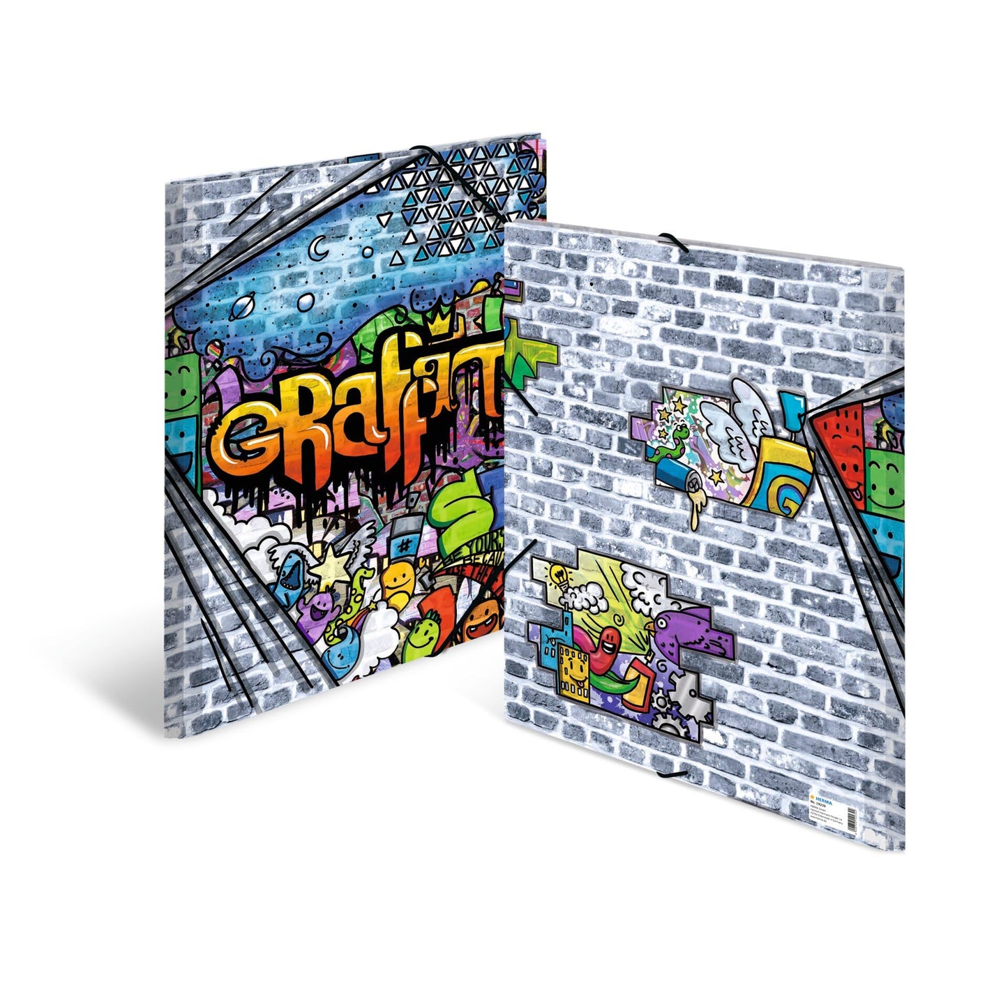 HERMA Collecting Folders A3 Graffiti Set, 3 pieces, Children's corner clip folders made of plastic with art motif, elastic closure, inner flaps, and inner print for boys and girls.