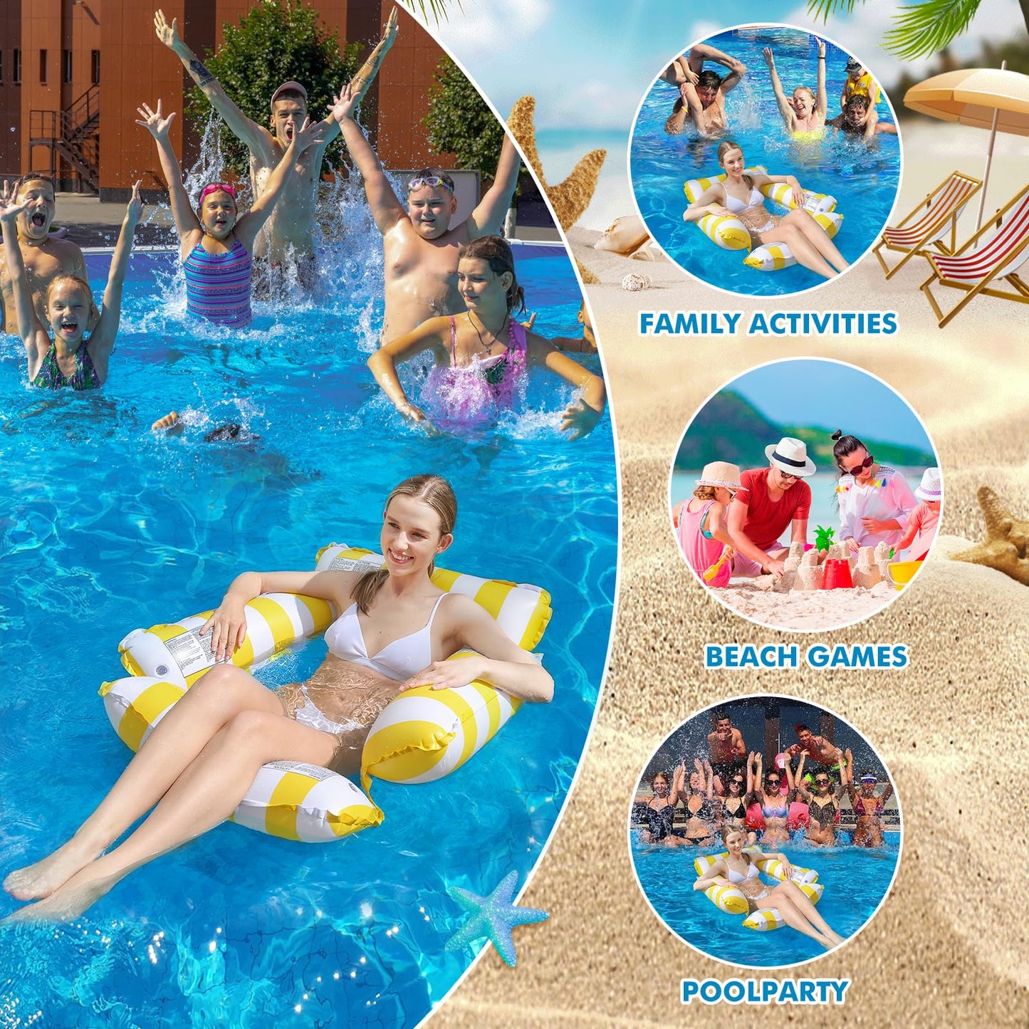 Inflatable pool float chair lounge for adults and kids, swimming, striped float hammock for pool party summer water fun (Pink+Yellow)