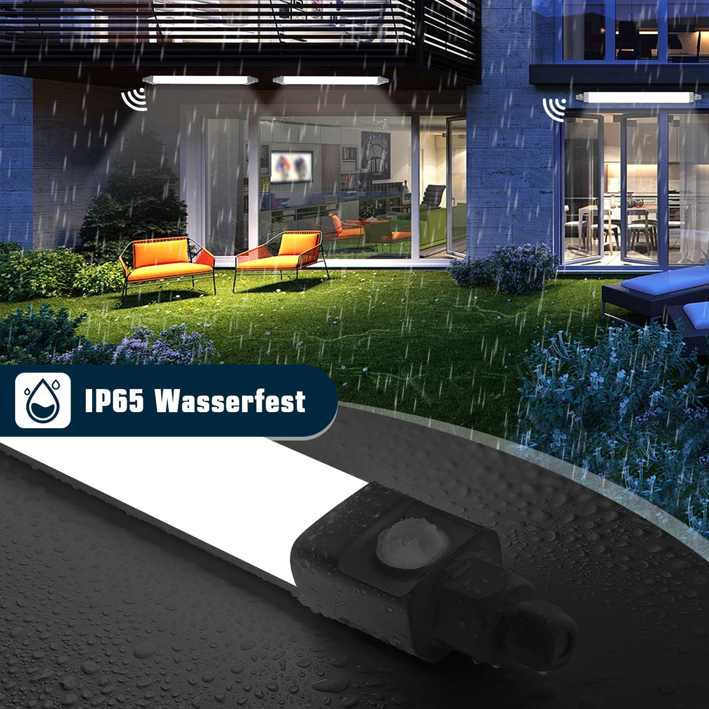 Surface-mounted LED moisture-proof luminaire 60cm with motion sensor, 18W 1800LM 4000K LED ceiling light sensor tube, linkable LED batten luminaire workshop lamp waterproof IP65 for garage balcony basement hallway staircase.