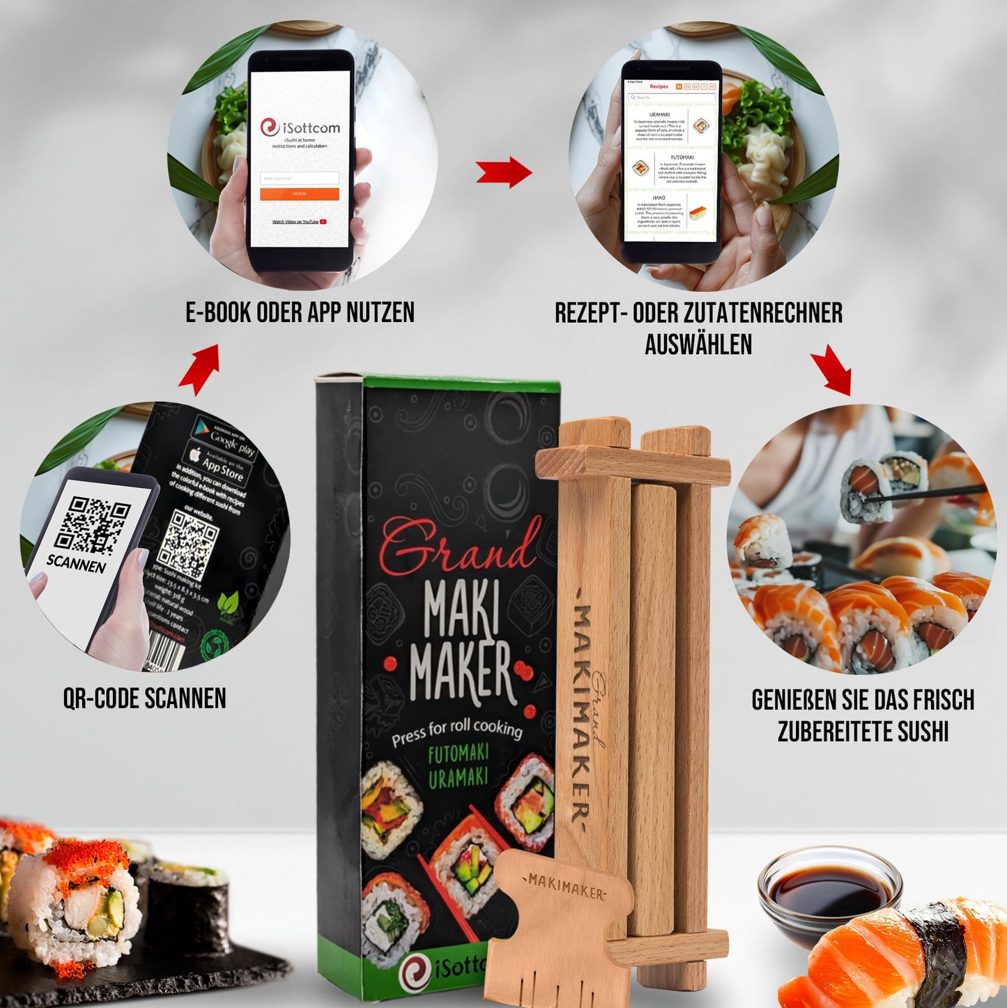 iSottcom Buchenholz Sushi Maker - Make your own Japanese sushi rolls easily - Maki set including recipe app, gift box, and instructions - Perfect sushi gift for beginners & pros.