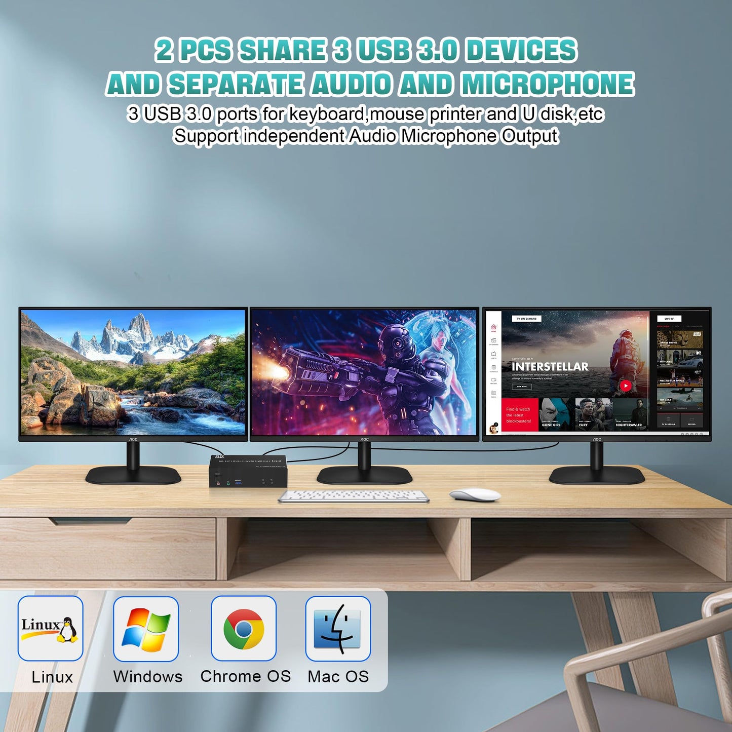 8K DisplayPort triple monitor KVM switch 8K@60Hz 4K@144Hz, DP 1.4 USB 3.0 KVM switch for 2 PCs and 3 monitors. Includes audio and microphone output, as well as 3 USB 3.0 ports. Ideal for multi-monitor setups.