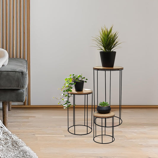 Wooden flower stool round 3-piece set - Ø 16/18 / 21 cm - Plant stand with metal frame - Flower column plant stand decorative stand side table