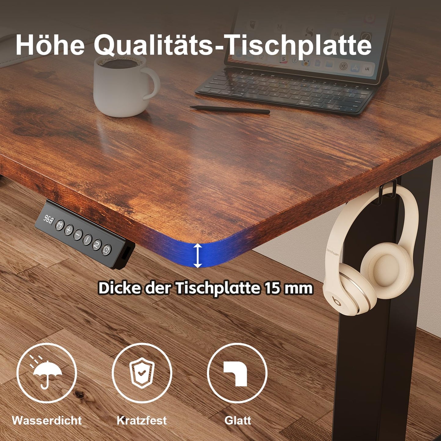 JUMMICO Adjustable Standing Desk COMPLETE TABLETOP Electric Height Adjustable Desk with Memory Function Standing-Sitting Table Computer Desk 120 x 60 cm Brown