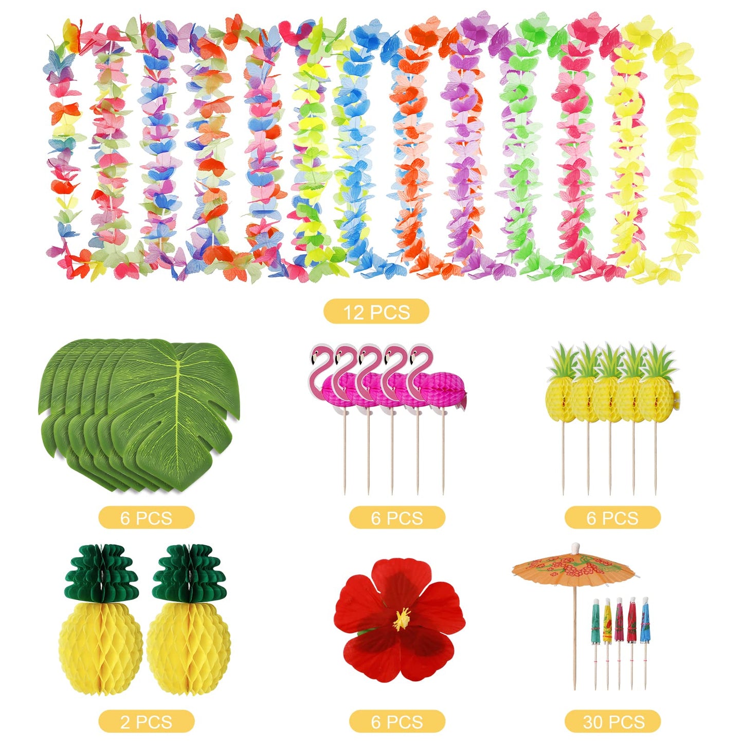 URBZUE Hawaii Party Decoration Set, 97PCS Tropical Party Decoration Set, Hawaii Luau Table Skirts, Garlands, Palm Leaves, Pineapple Flamingo Umbrella Fruit Straw Combination for BBQ, Garden Summer