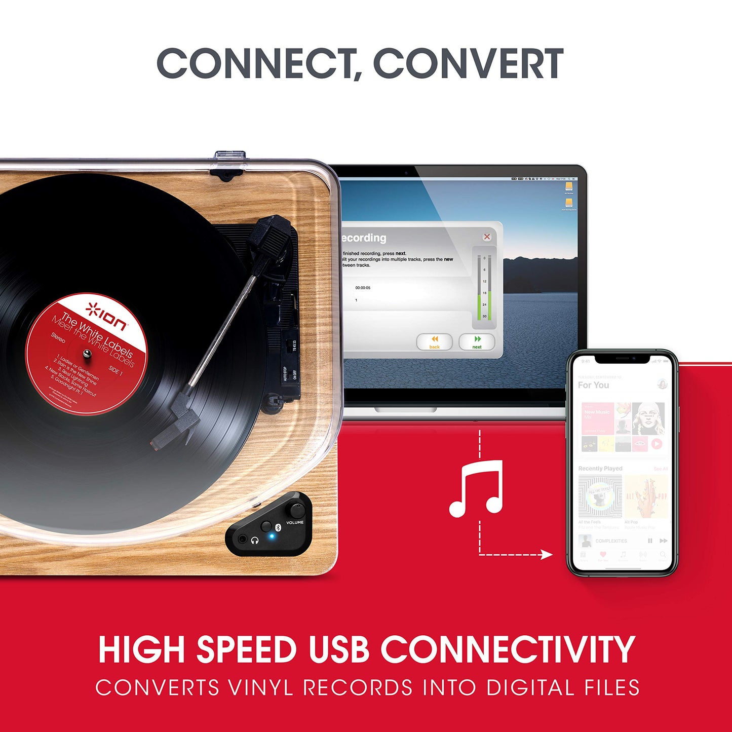 ION Audio Air LP - Vintage USB Bluetooth turntable with three speeds and vinyl to MP3 conversion for Mac/PC, elegant wood finish.