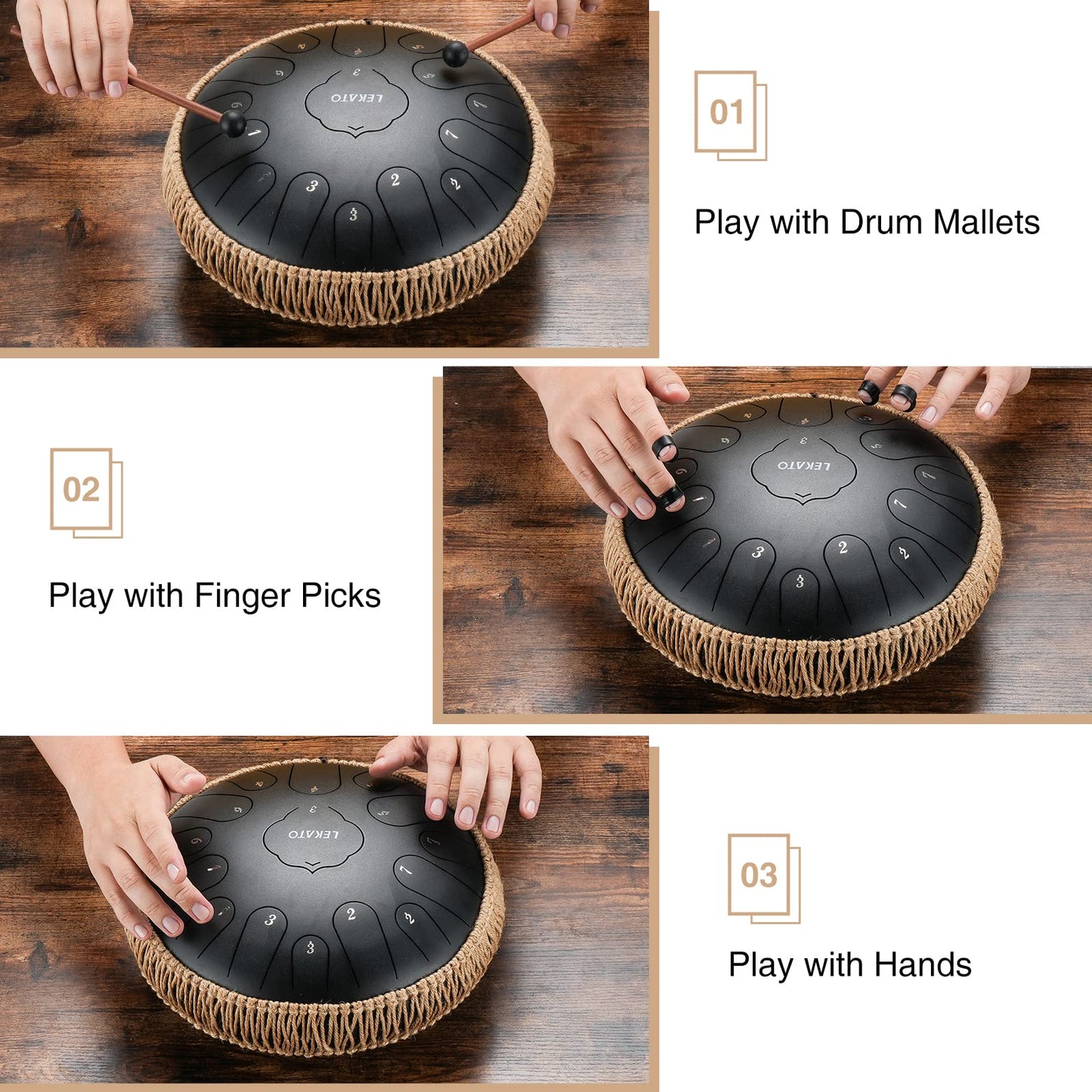 LEKATO Steel Tongue Drum, 13 inch, 15 Notes, Key of C, Handpan Drum with Carrying Bag, Percussion for Meditation, Yoga, Music Lessons, Black.