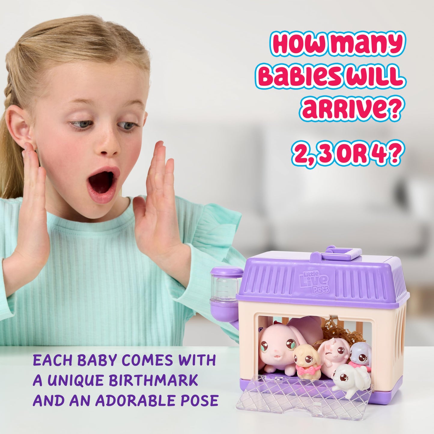 Little Live Pets - Mama Surprise Minis Bunny, take care of your hamster or bunny mom in her hutch and welcome 2, 3, or 4 mini babies.