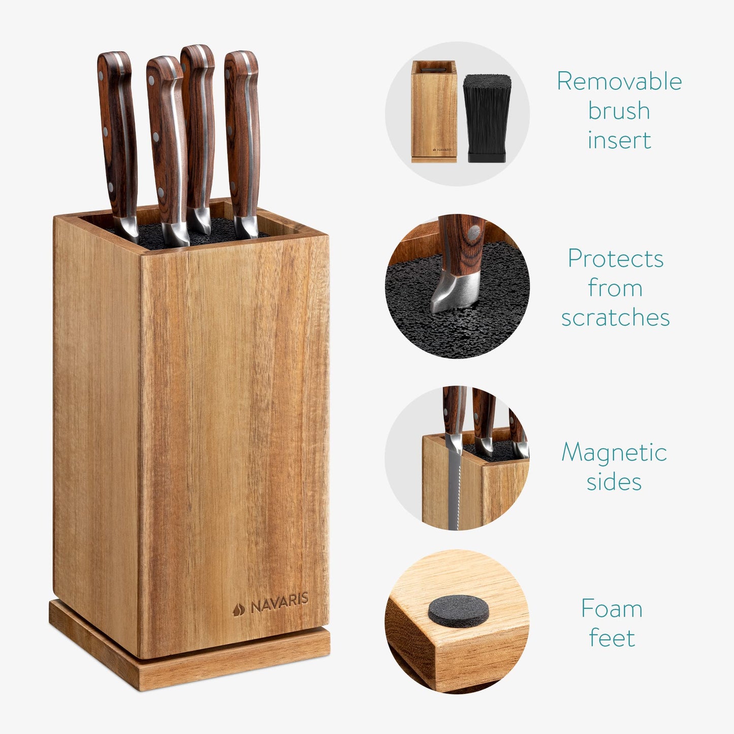 Navaris rotating magnetic knife block made of acacia wood with bristle insert - wooden knife block without knives for kitchen knives, chef's knives, and cooking utensils.
