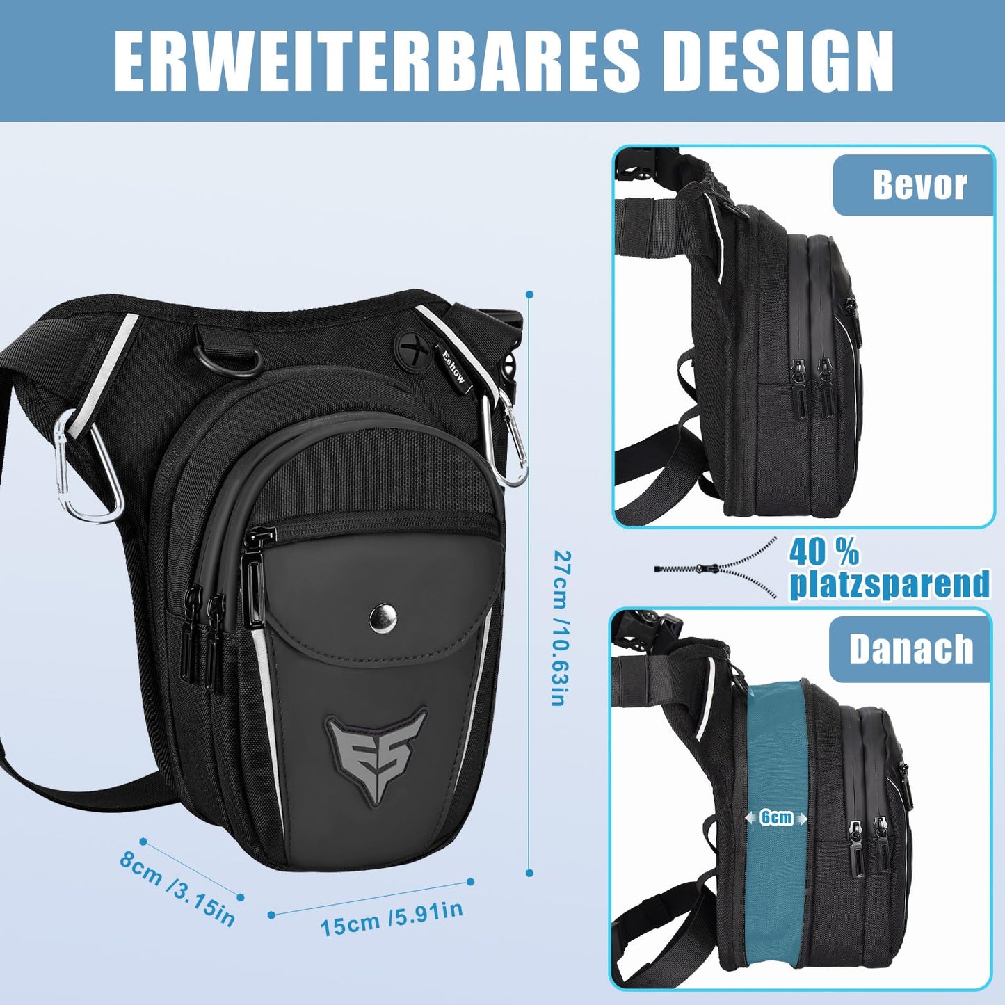 Eshow leg bag motorcycle for men and women, thigh bag waist bag expandable storage space, fanny pack with 1 bottle holder 2 carabiners reflective strips for hiking cycling black