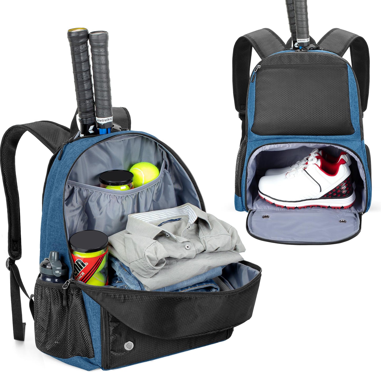 DSLEAF Tennis backpack with shoe compartment, tennis bag for 2 rackets with padded shoulder straps and separate ventilated shoe compartment for women and men
