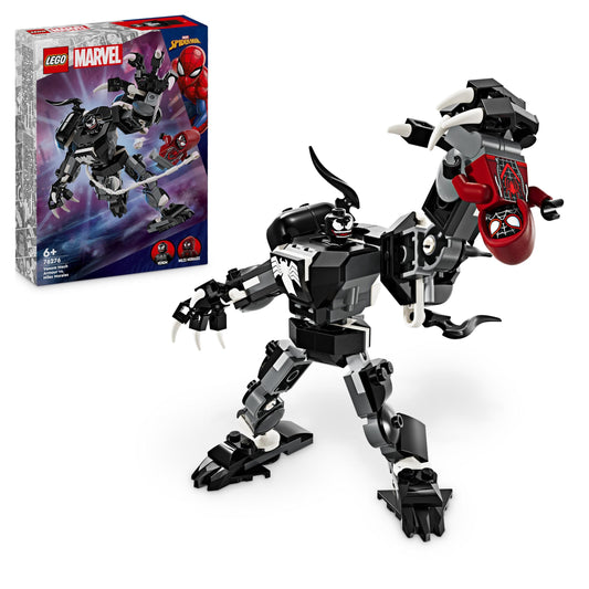 LEGO Marvel War Machine Mech, buildable superhero toy with 3 shooters & Marvel Venom Mech vs. Miles Morales, poseable action figures for kids.