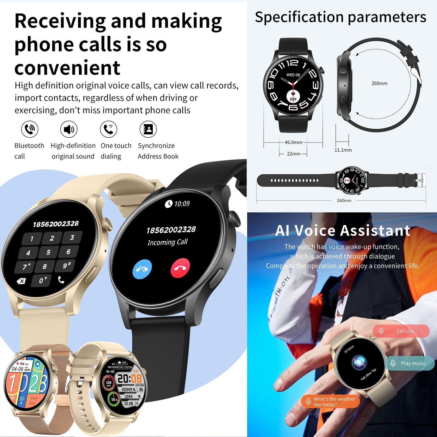 Women's smartwatch with phone function, 1.43" AMOLED fitness watch with 100+ sport modes, heart rate monitor, sleep monitor, step counter, fitness tracker compatible with Android/iOS, 3 bands, gift for women (gold)