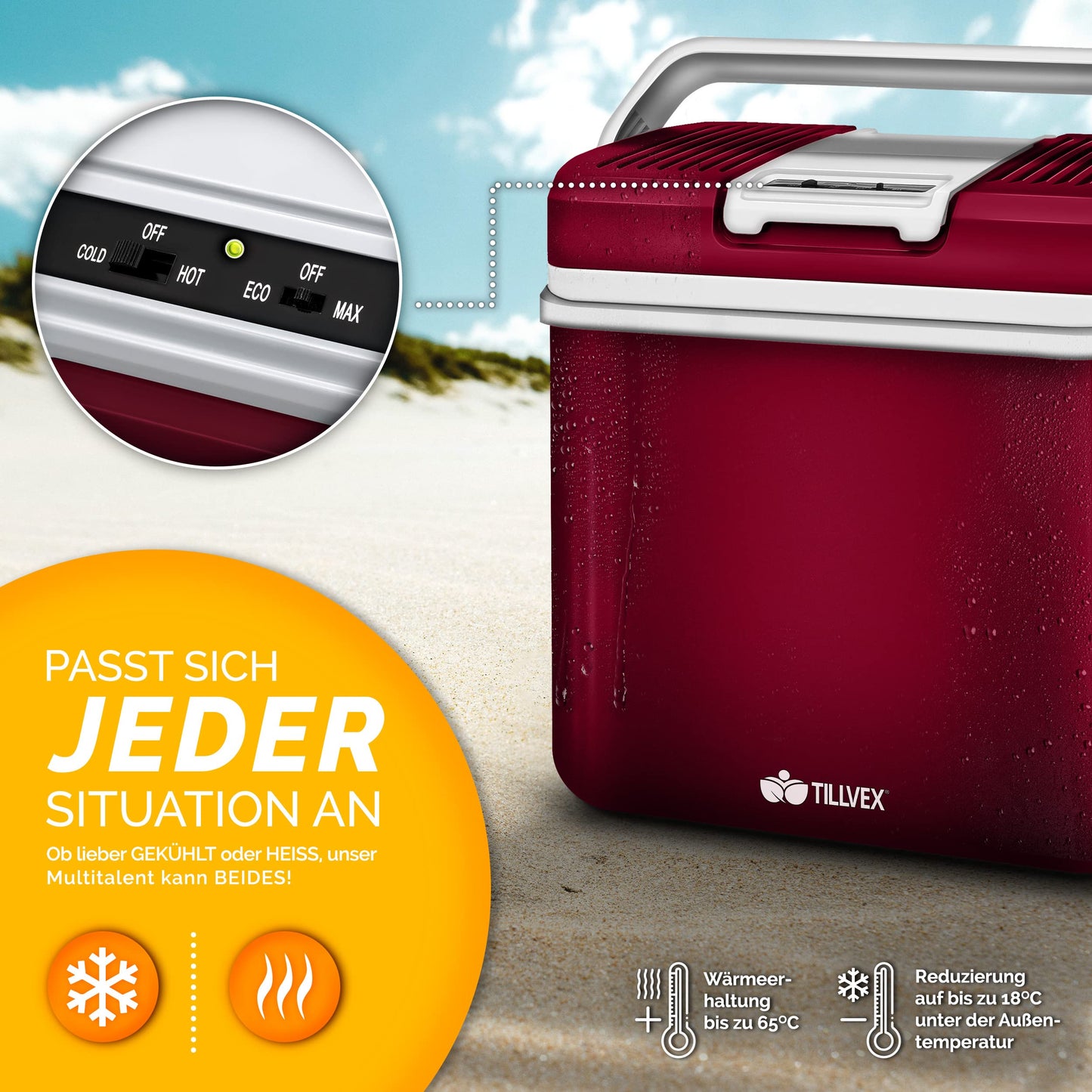 tillvex 24L Electric Cooler Box | Mini Fridge 230V and 12V for Car Camping | cools & warms | ECO Mode (Red)