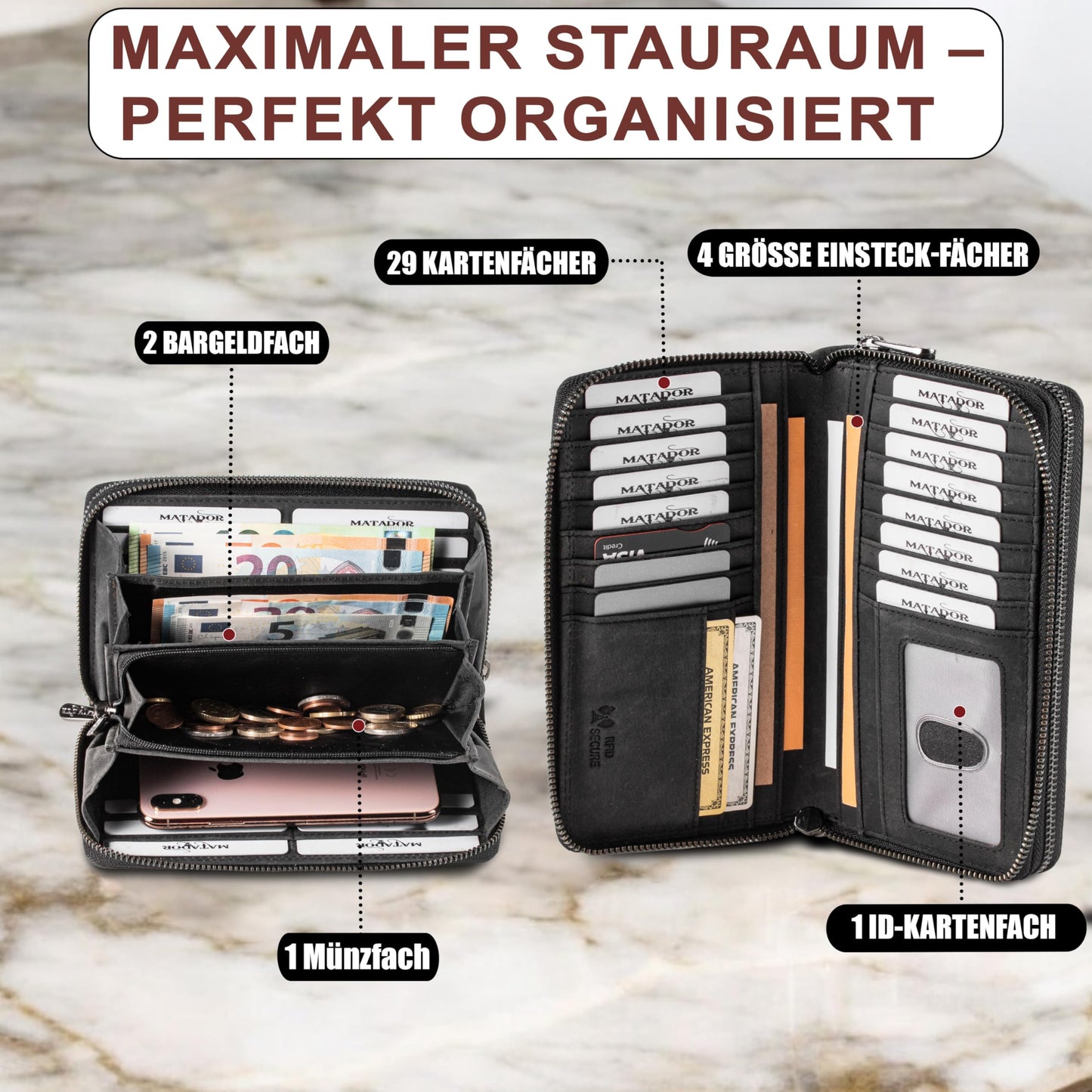 MATADOR black women's wallet #Madrid with elegant gift box, stylish leather wallet with RFID, large women's purse, luxury women's gift with many card slots.