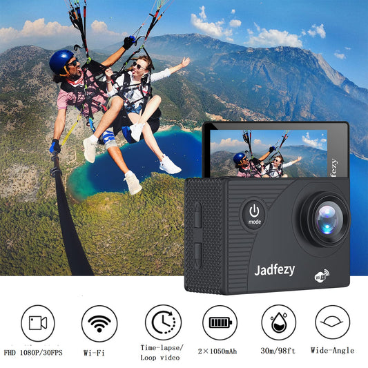 Jadfezy WiFi Action Cam HD 1080P, 12MP Action Camera Wide Angle 2" LCD Screen, Waterproof Underwater Camera up to 30m/98FT with 2×1050mAh Batteries and accessory Kit for helmet and bicycle etc.