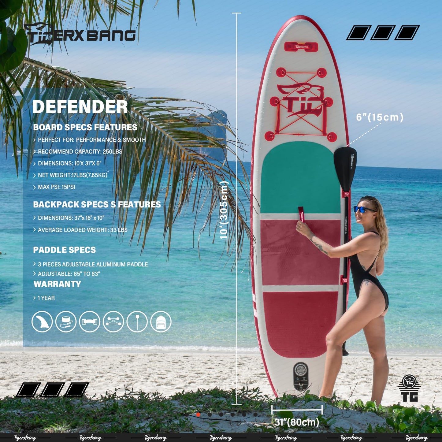 TIGERXBANG Inflatable SUP Boards Stand Up Paddleboarding 305x80x15cm with high-quality SUP accessories, Allround paddle boards for adults/kids, Defender Collection Pink