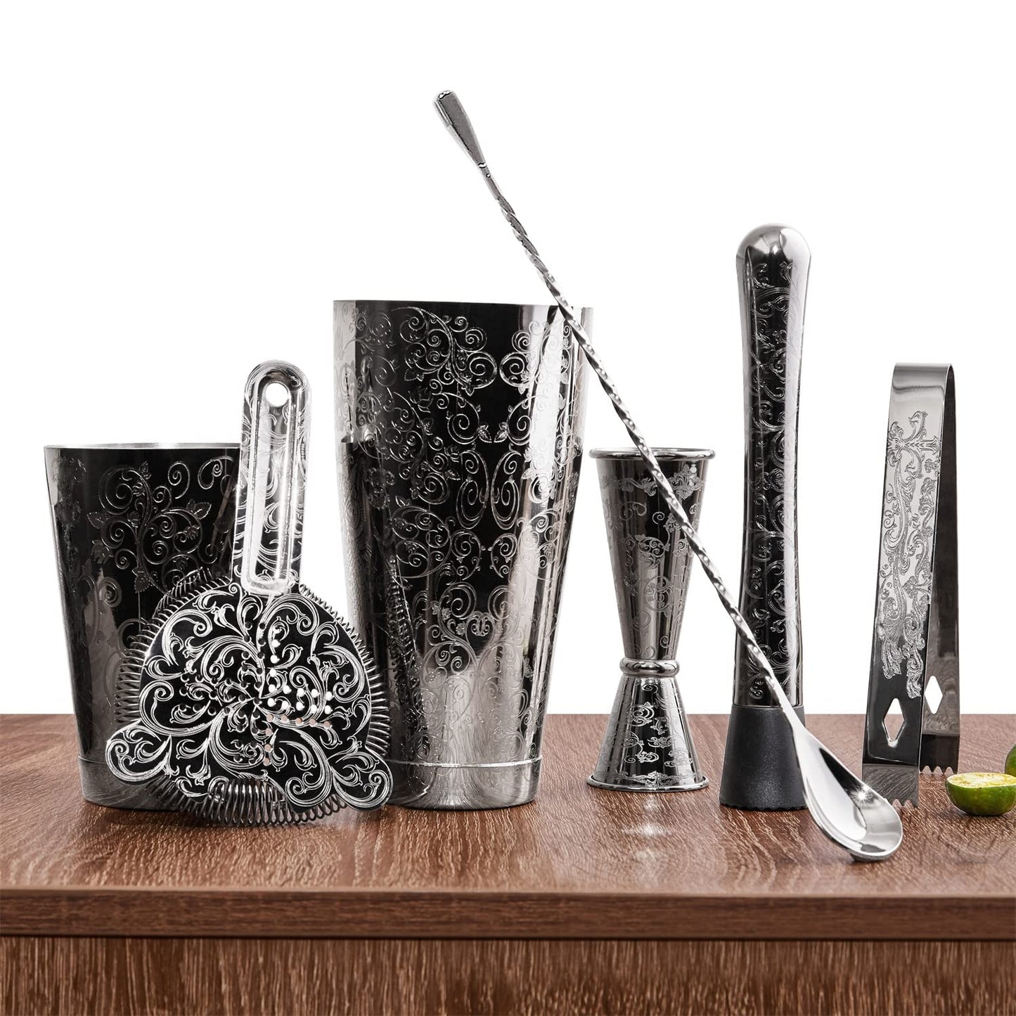 Sky Fish Cocktail Shaker Set, Etched Cocktail Shaker Kit in Gift Box 7 Piece Set, Hand wash only. (Black)
