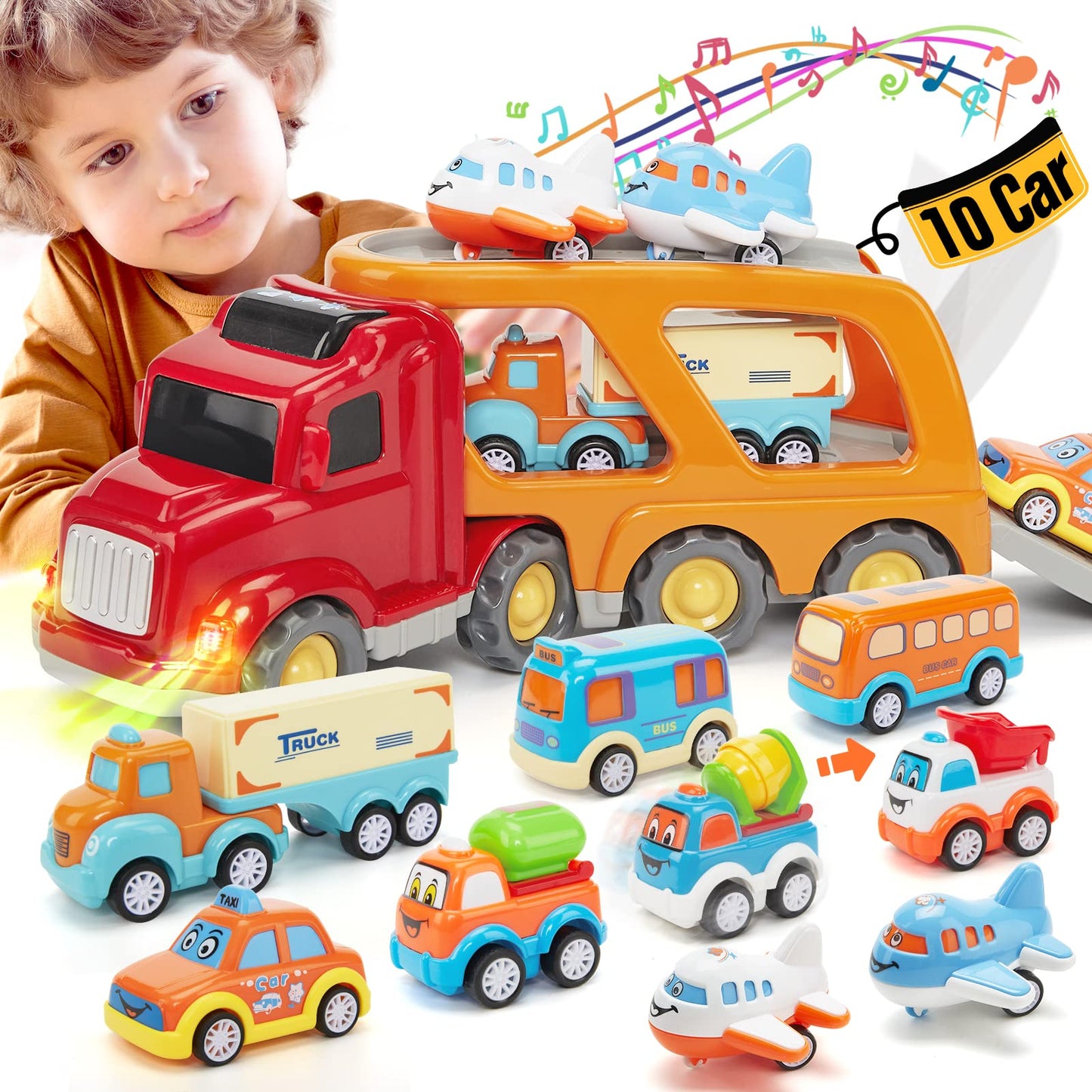 Hahaland car toy for 3 4 5 year olds, truck toy with lights and music, 10 in 1 cars transporter set kids toy, toy car gift for 3 4 5 year old boys girls.