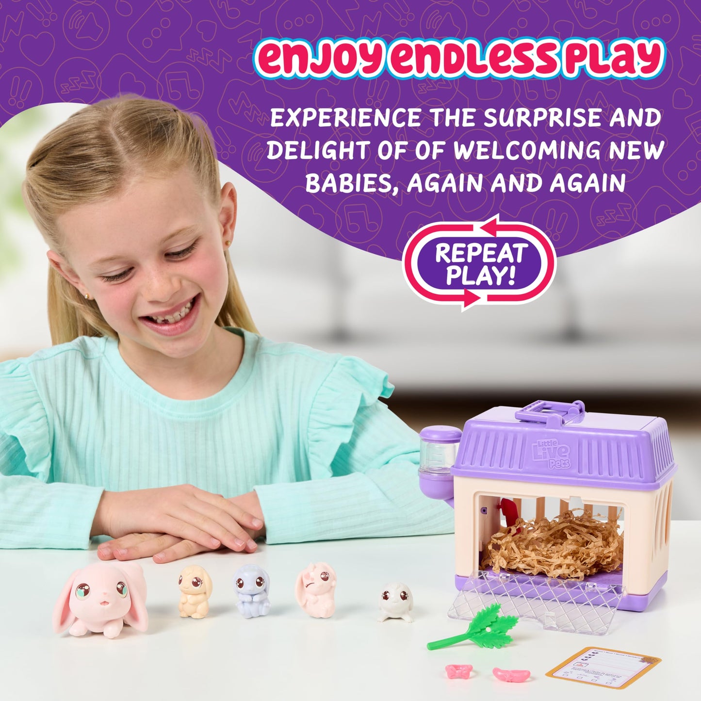 Little Live Pets - Mama Surprise Minis Bunny, take care of your hamster or bunny mom in her hutch and welcome 2, 3, or 4 mini babies.