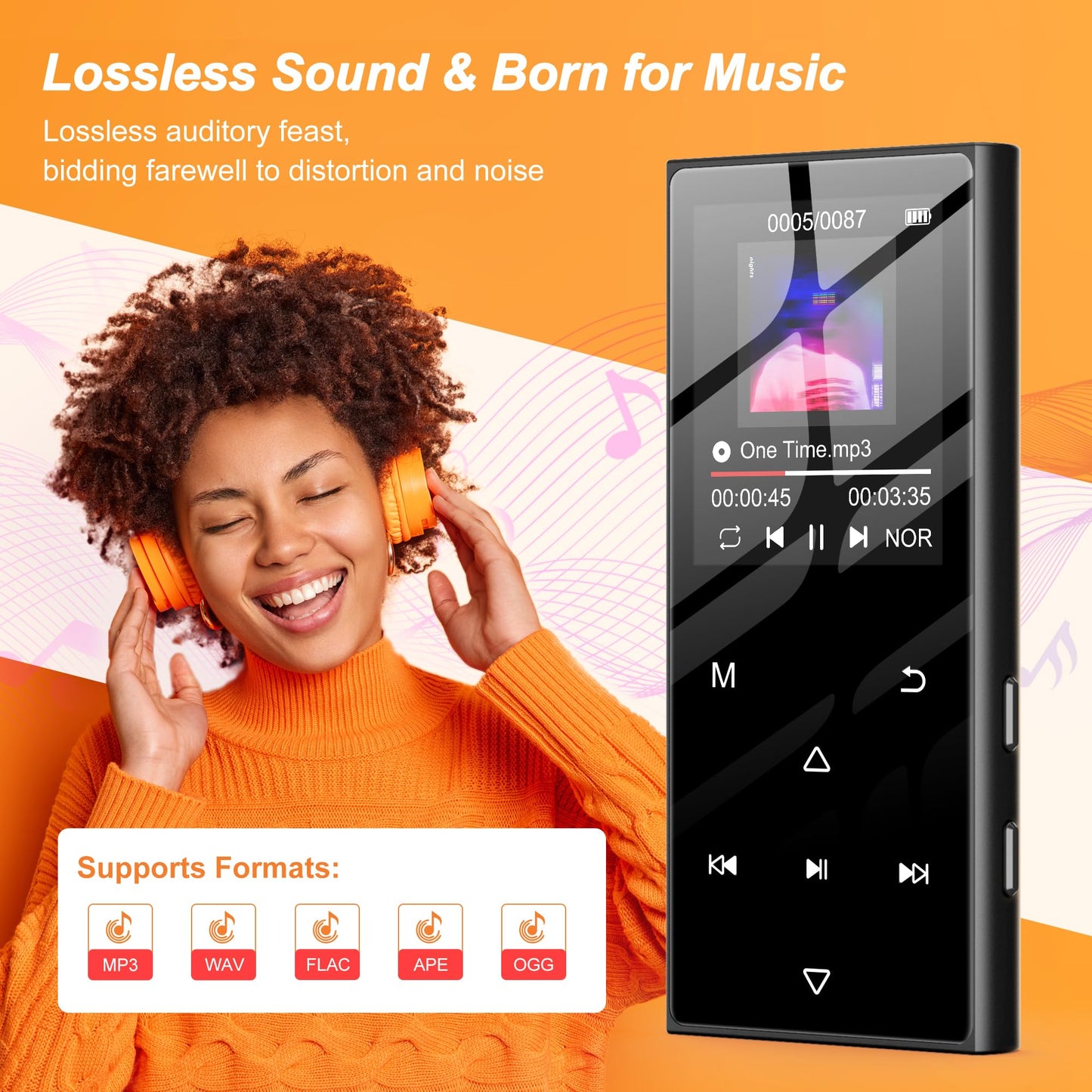 SWOFY 128GB MP3 player with Bluetooth 5.3 and a 1.8-inch screen, HiFi music, kids MP3 player with speaker, FM radio, e-book function, recording function (black)
