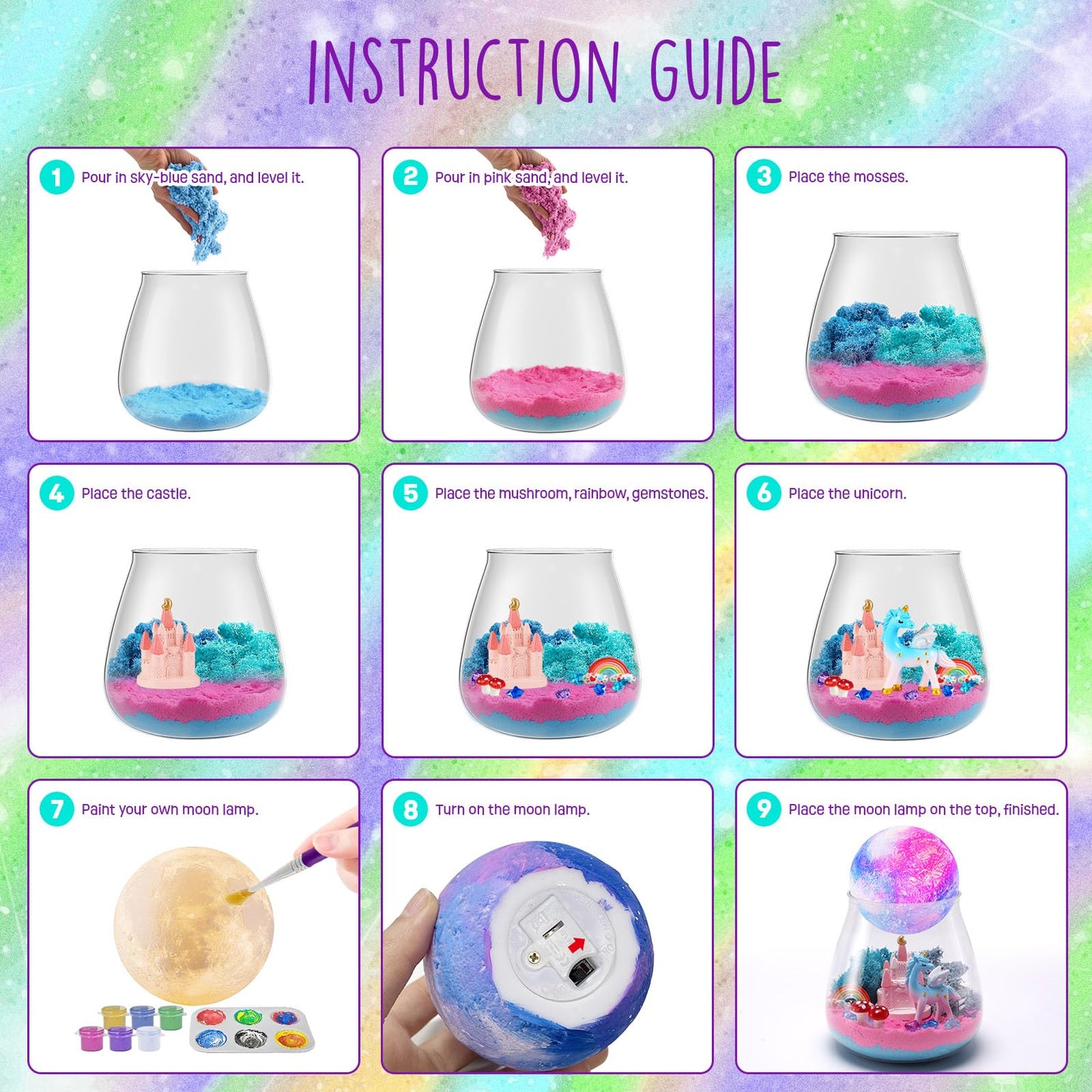 Unicorn gifts for girls, Unicorn terrarium set with moonlamp painting kit, gift for girls 4, 5, 6, 7, 8-12 years old birthday, craft kit for kids ages 6+, Unicorn toy