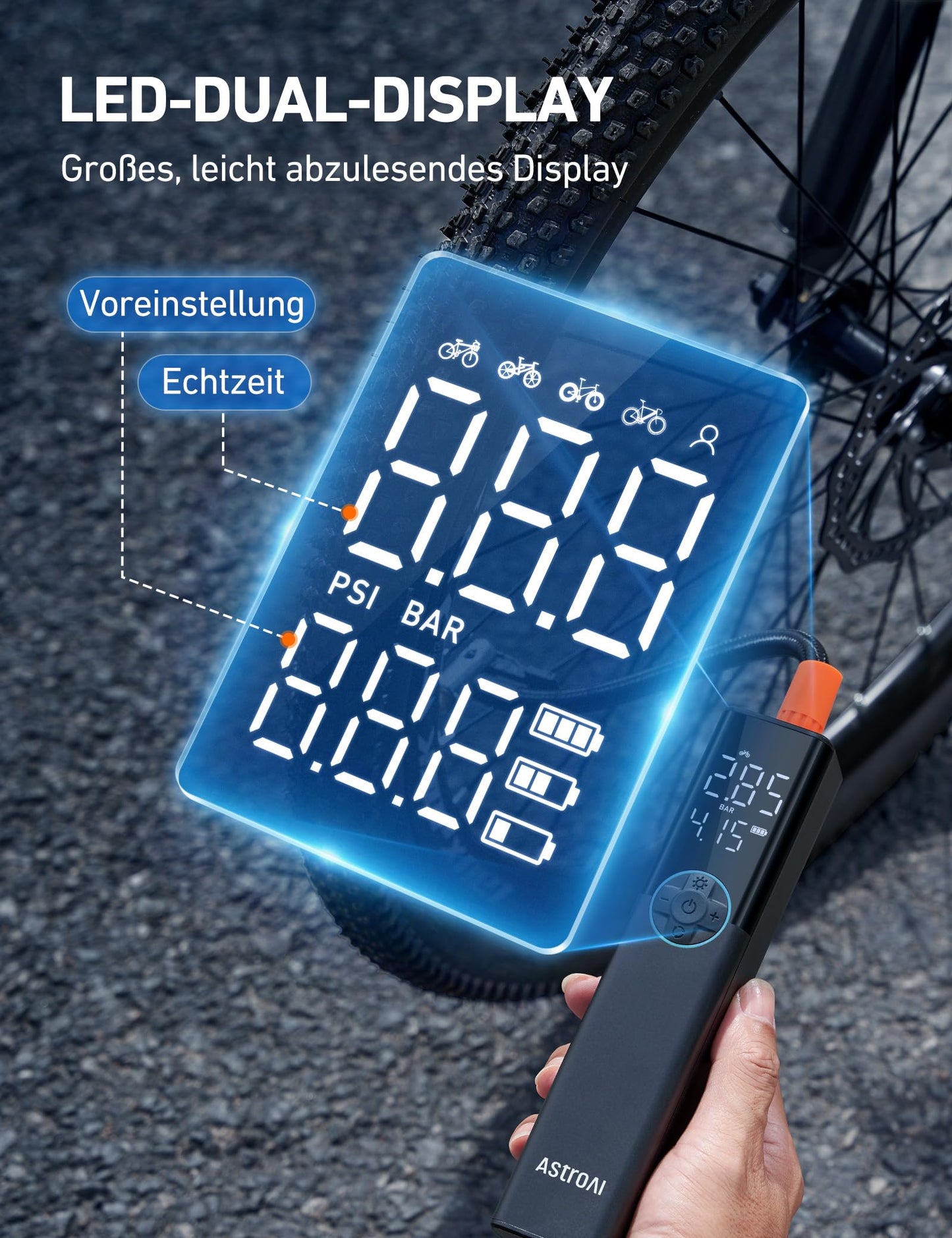 AstroAI Bike Pump Electric Air Pump, 150PSI Portable Battery Bike Pump for all valves, High-pressure motor designed for bikes, Rechargeable for city bikes, road bikes, mountain bikes, Blue