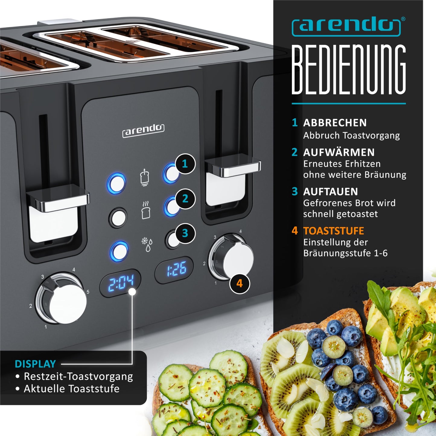 Arendo - 4-Slice Stainless Steel Toaster - with Bun Attachment - 4 Slots - LED Display Countdown Timer - Double-Wall Housing - Defrost Function - Crumb Tray - 6 Browning Levels - Cool Grey Design