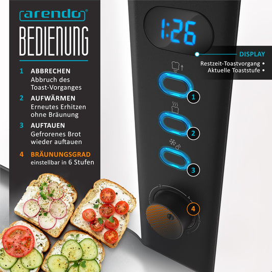 Arendo - Long Slot 2-Slice Toaster - Defrost Function - 1000W - Double-wall housing - Integrated bun warmer - Browning levels 1-6 - Display with remaining time indication - Stainless Steel white