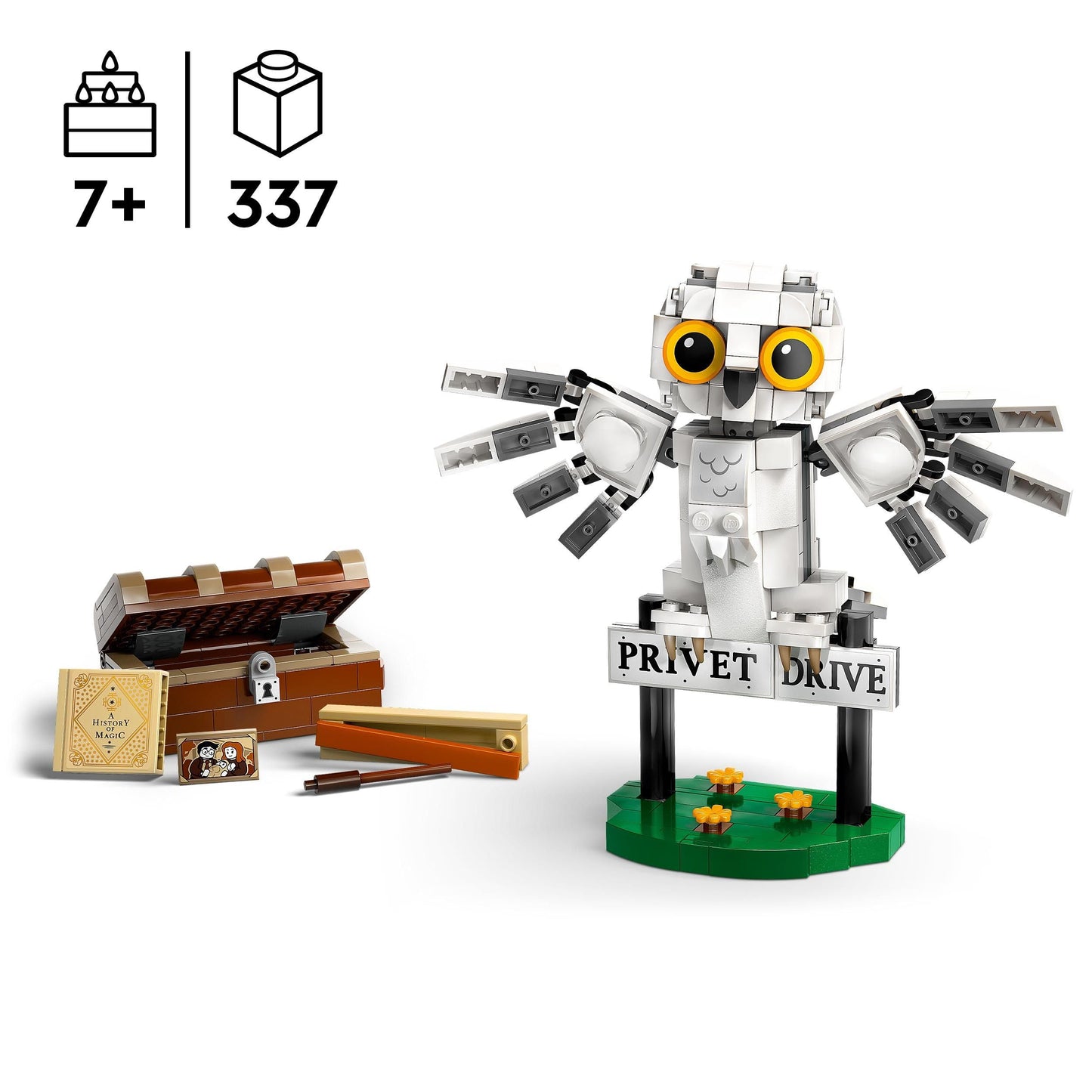 LEGO Harry Potter Hagrid's Hut: A Unexpected Visit set comes with 5 mini-figures and 2 animal figures. Also, Harry Potter's Hedwig in Privet Drive 4 set includes a toy owl for kids.