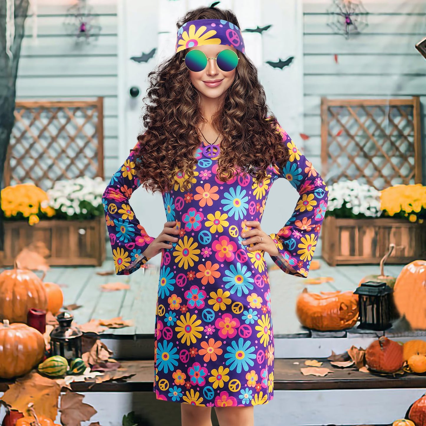 MRYUWB Women's Hippie Dress, 1970s Costume, with Necklace, Earrings, Sunglasses, Disco Outfit, 1960s Party Costume, Halloween Retro Dress, Purple, XXL.