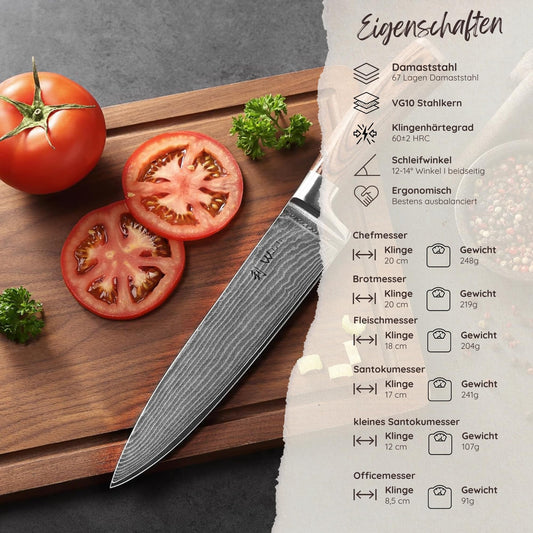 Wakoli EDIB 6-piece damascus knife set I Sharp kitchen knife set made of 67 layers of damascus steel with VG10 core & pakka wood handle I Chef's knife set in gift box I precise cutting & long-lasting sharpness