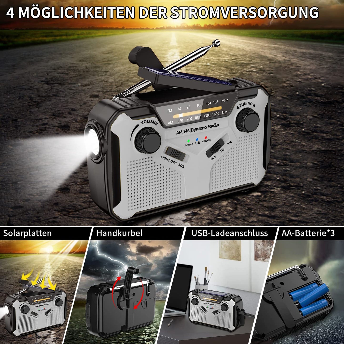 Solar radio, AM/FM portable crank radio dynamo emergency radio with 4000mAh rechargeable battery, LED flashlight, SOS alarm for camping, outdoor, emergency (Grey)
