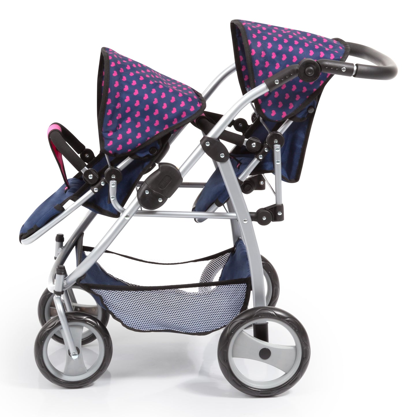 Bayer Design 26554AA Twin Dolls Pram, modern, adjustable handle, foldable, with unicorn design, blue pink, 46 cm