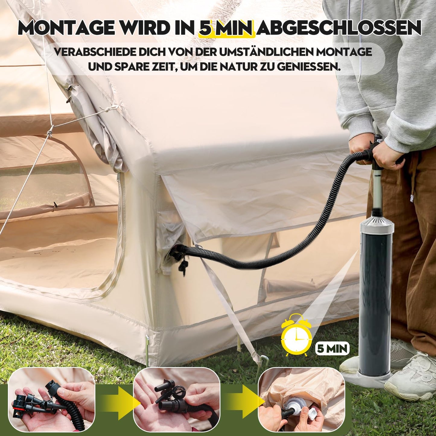 Afitdon Inflatable Camping Tent with Stove Jack & Roof Window, Inflatable Tent for 2-10 people with Air Pump, Inflatable Tent made of Waterproof Oxford Fabric for all seasons, Fast Setup Air Tents.