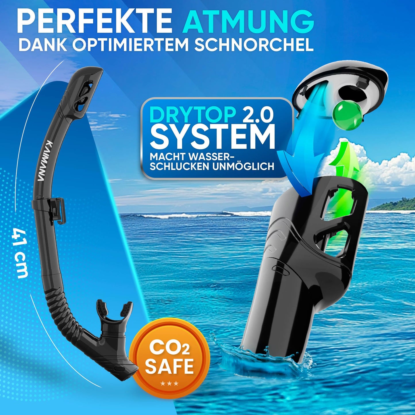 KAIMANA® Snorkel Set for adults with tempered safety glass (diving mask & dry snorkel), Comfortable adult diving mask with silicone or fabric strap.
