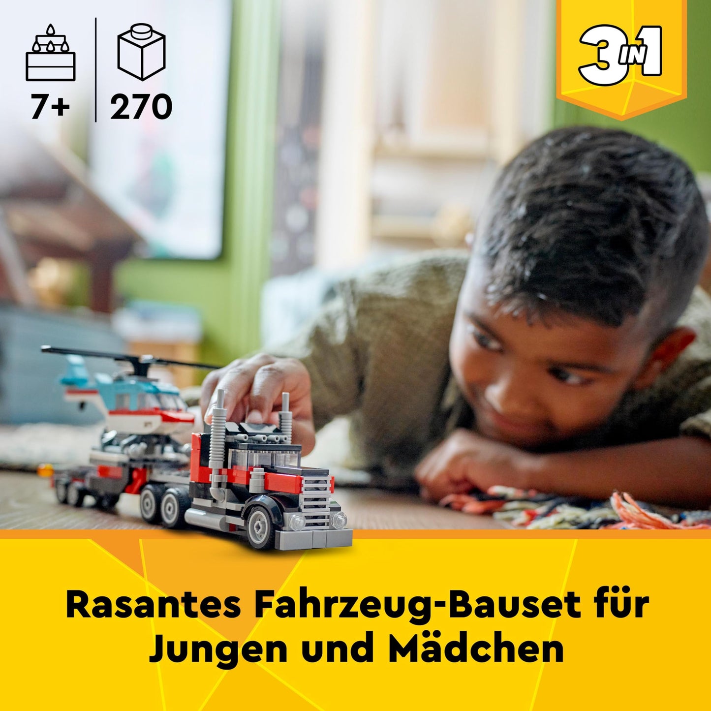 LEGO Technic NEOM McLaren Extreme E Race Car Set, car toy with pull-back motor & Creator 3in1 Low Loader with Helicopter, vehicle set with helicopter and truck toys.