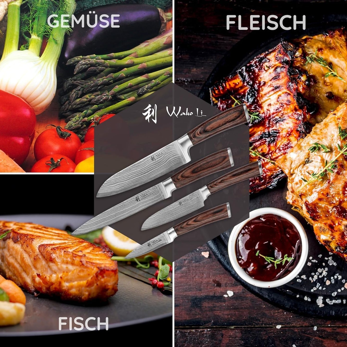 Wakoli EDIB Damascus Knife Set 4 pieces made of 67 layers of damascus steel with VG10 core & pakkawood handle - Kitchen knife set with santoku, paring knife & utility knife in gift box