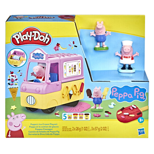 Play-Doh Peppa's Ice Cream Truck Craft Set includes 3 x 56g cans and 2 x 28g cans of modeling compound, Peppa and George figures, and various accessories and molds. Creative fun for kids ages 3 and up.